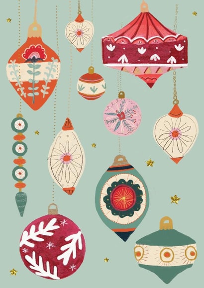 Traditional Christmas card, featuring vintage baubles created by Sally Darby Illustration