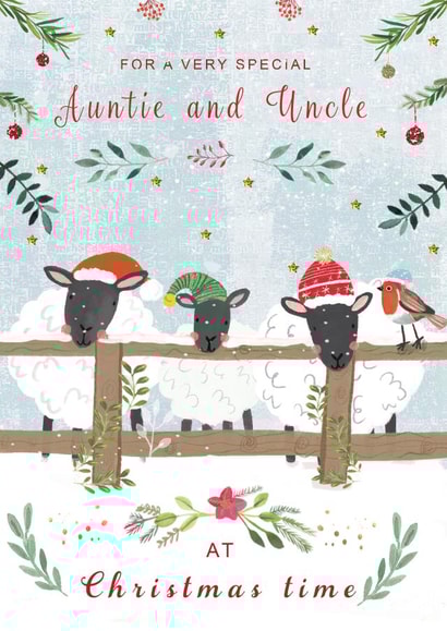 Cute Christmas card featuring a sheep family with Christmas hats. created by Sally Darby Illustration