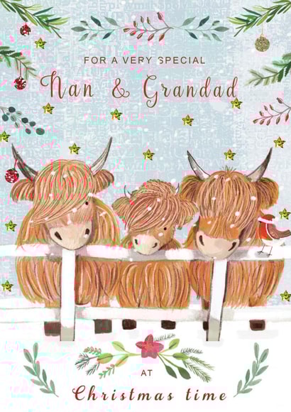 Cute Christmas card for Nan and Granddad featuring a family of highland cattle. created by Sally Darby Illustration