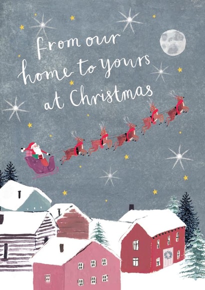 Cute Christmas Card - Santa Flying Over Christmas Village - Our House To Yours created by Louise Tiler