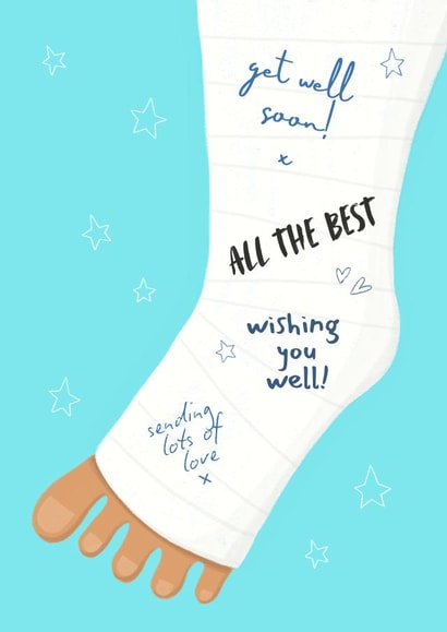 Cute Get Well/Thinking Of You Card - Wishing You Well - Foot Ankle Leg Cast created by Sian Moore Illustration