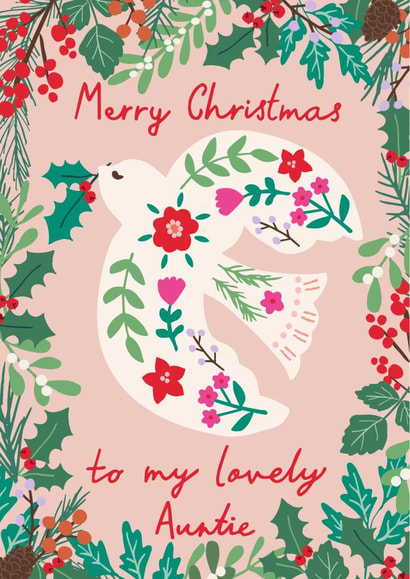 Pretty Christmas Card - Lovely Auntie - Folk Florals - Dove created by Nina Raby - Jones