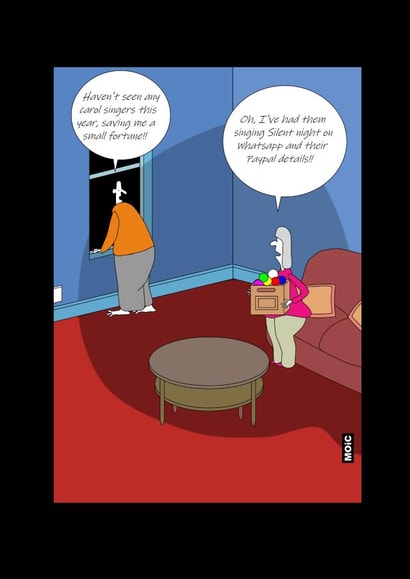 Christmas Carol singers cartoon humour card created by Mike Ryan