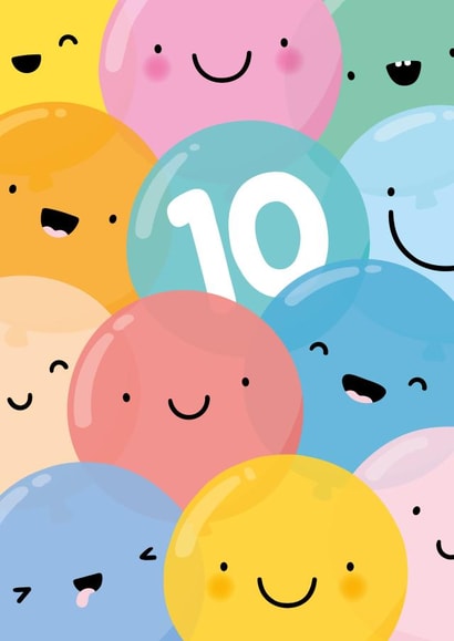 Cute 10th Birthday Card - Happy Balloons - Illustrations created by Fliss Muir