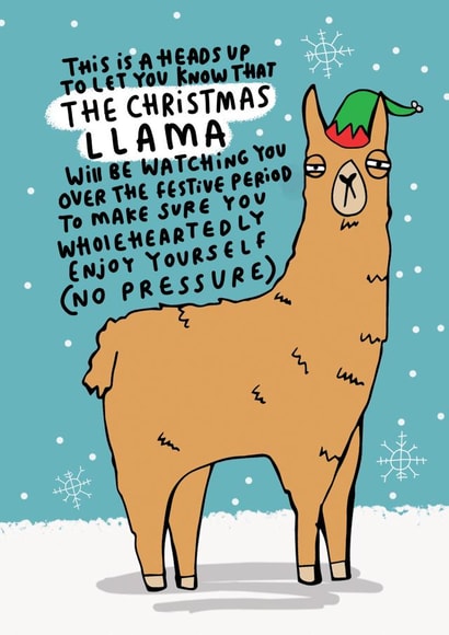Funny Christmas Card - Christmas Llama is Watching You created by Katie Abey