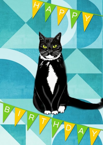 Cat Birthday card with Tuxedo cat and bunting created by Magenta Rose Designs