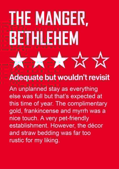 Funny Christmas Card - Mary's three star review of the manger! created by Versed Aid