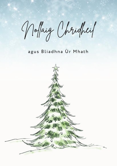Gaelic Greetings card - Christmas - Snowfall - Tree created by Cairtean le Sarah