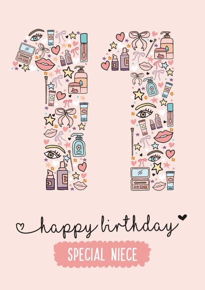 Pretty Birthday Card - Niece - 11th - Makeup created by Rulu