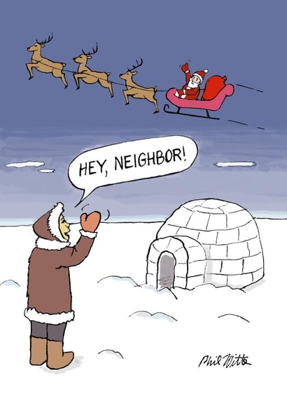 Funny Christmas Card - Igloo-dweller - Santa Flying Overhead created by Phil Witte