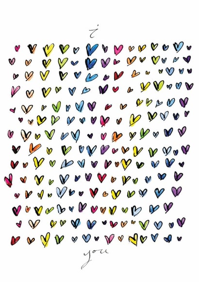 Arty Anniversary/Valentine's Day Card - Rainbow Hearts - Calligraphy created by Gabrielle Solly Illustration