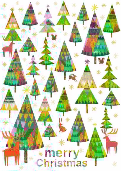 Colourful Christmas card with happy animals in a fun forest. created by YouBloom
