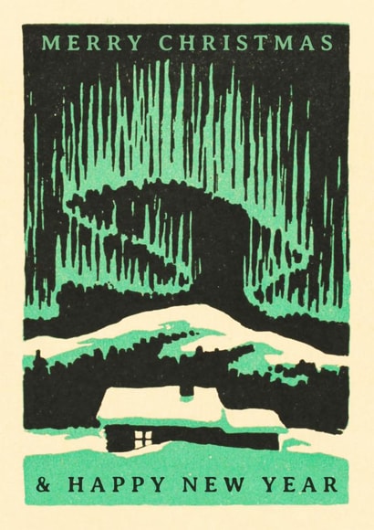 Vintage Scandi screen print Christmas card with snowy cabin and Northern Lights created by Matt Windsor
