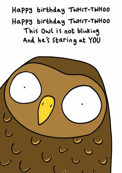 Funny Birthday Card - This Owl Is Not Blinking - Owl created by Blueberry Magpie Cards