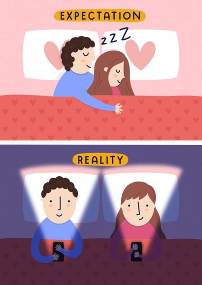 Funny Valentine's Day Card - Expectation vs Reality - Phone In Bed 1000 created by Joanne Hawker