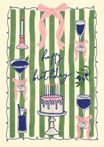 Cute Birthday Card featuring wine, cake and cocktail illustrations. created by Hello August Studio