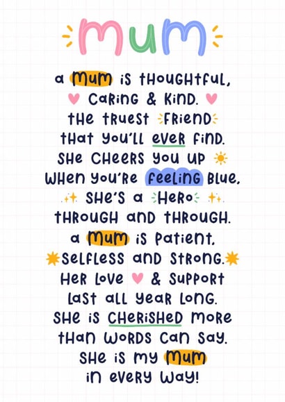 Heartfelt Mother’s Day Card - For Mum - Poem created by Joanne Hawker