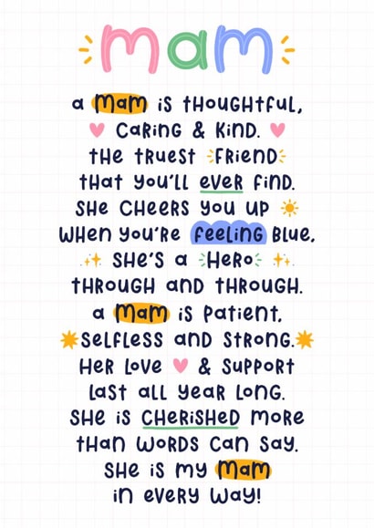 Heartfelt Mother’s Day Card - For Mam - Poem created by Joanne Hawker