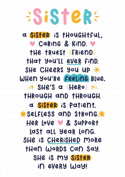 Heartfelt Birthday Card - For Sister - Poem created by Joanne Hawker