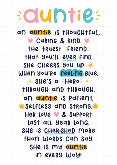 Heartfelt Mother’s Day Card - For Auntie - Poem created by Joanne Hawker