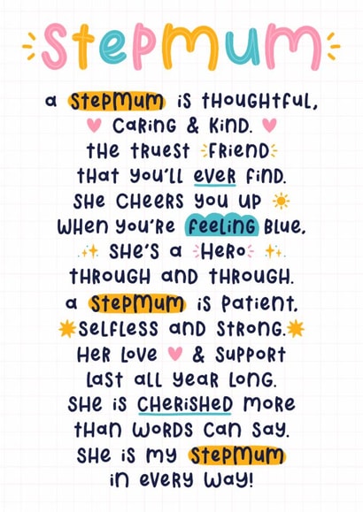 Heartfelt Mother’s Day Card - Stepmum - Poem created by Joanne Hawker