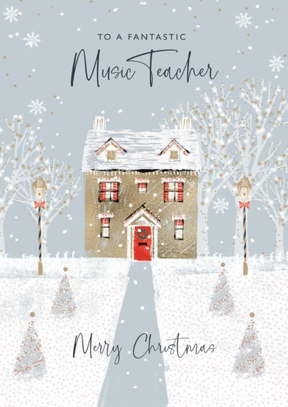 Classic Christmas Card - Music Teacher - Illustrated House in Snow created by Rebecca Prinn