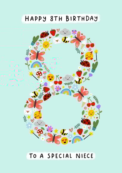 Cute 8th Birthday Card - For Niece - Mini Illustrations created by Macie Dot Doodles