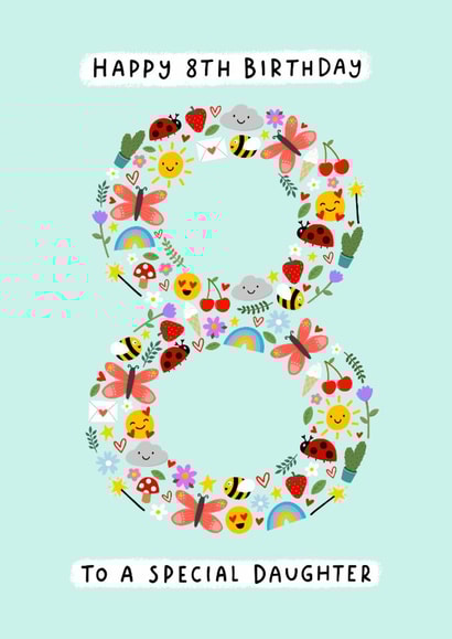 Cute 8th Birthday Card - For Daughter - Mini Illustrations created by Macie Dot Doodles