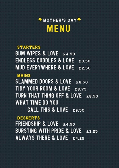 Funny Mother's Day Card - Menu Board created by Stoats & Weasels