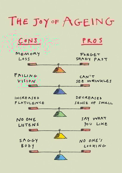 Funny Birthday Card- The Joy Of Ageing - Pros And Cons created by Poet and Painter