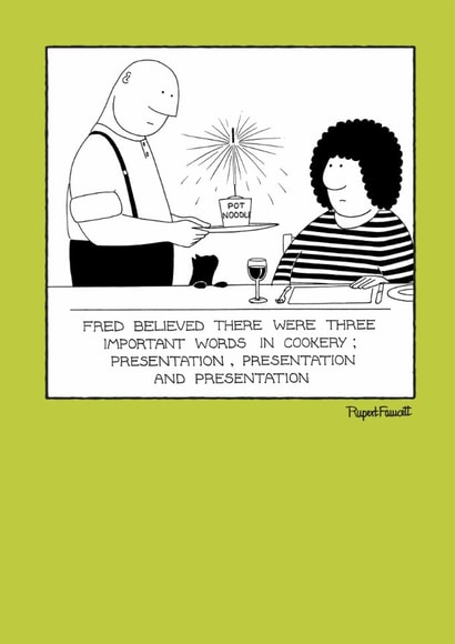 Hilarious Fred and Penelope card for a reluctant chef created by Rupert Fawcett
