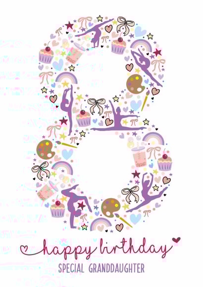 Cute 8th Birthday Card - For Granddaughter - Illustrations created by Rulu