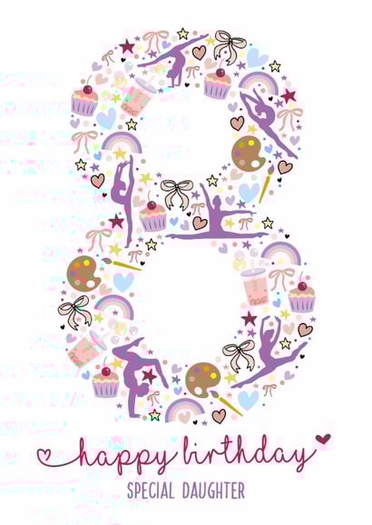 Cute 8th Birthday Card - For Daughter - Illustrations created by Rulu
