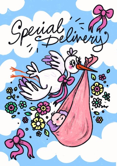 Cute New Baby Card - Special Delivery - Stork created by Phoebe