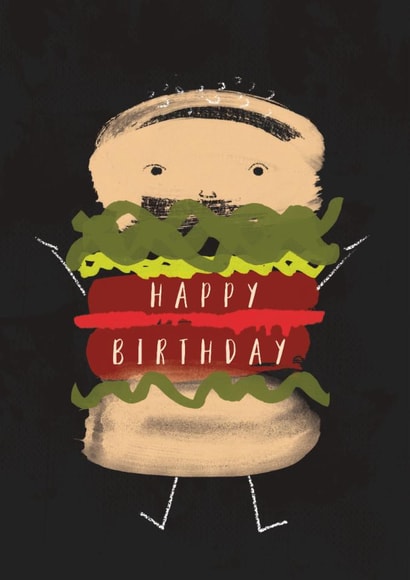 Classic Birthday Card - For Him - Burger Character created by Rebecca Prinn