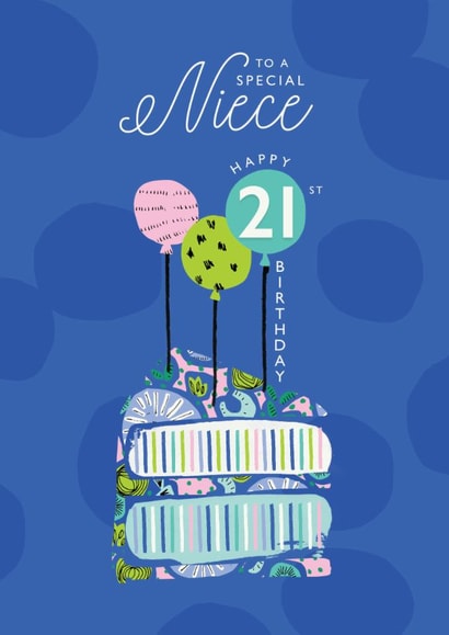 Classic 21st Birthday Card - For Niece - Cake & Balloons created by Rebecca Prinn