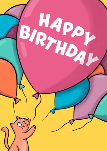 Cute Birthday Card - Cat Chasing Balloons created by Drawn to Cats