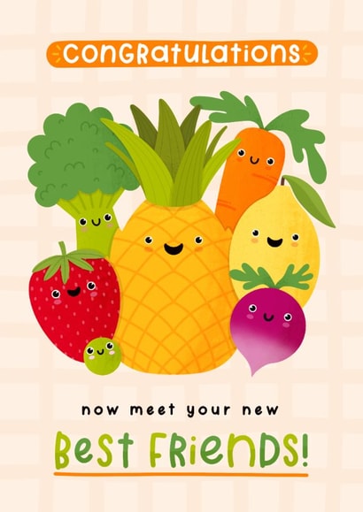 Cute New Baby Card - Dancing Fruit & Vegetables - Congratulations created by Joanne Hawker