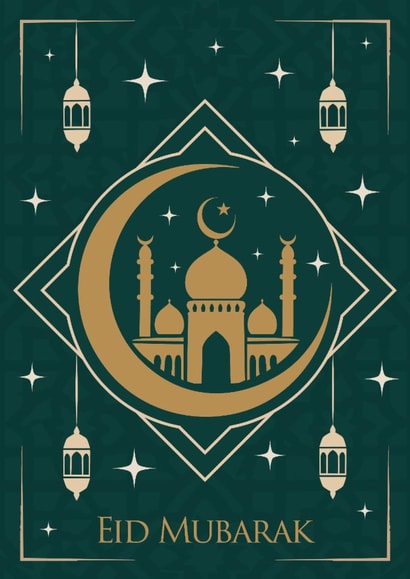 Classic Eid Mubarak Card – Gold & Emerald – Islamic Crescent & Mosque created by Dottie Mottie
