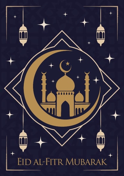 Classic Eid al-Fitr Card – Gold & Midnight Blue – Crescent & Mosque created by Dottie Mottie