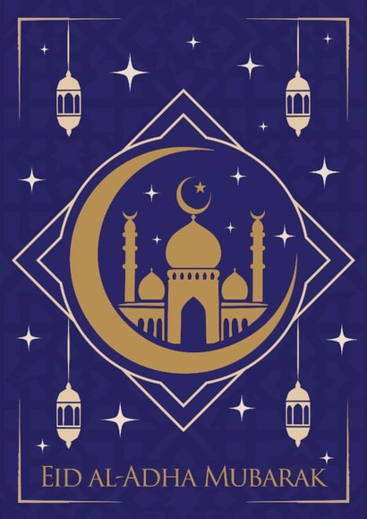 Eid al-Adha Card – Gold & Royal Blue – Mosque & Crescent created by Dottie Mottie