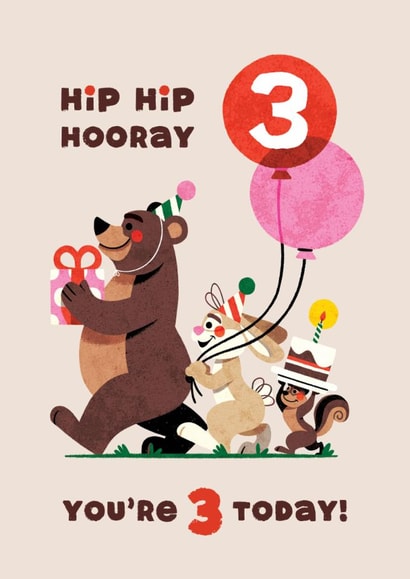 Cute 3rd Birthday Card - Hip Hip Hooray - Animals created by Folio | Ian Owen