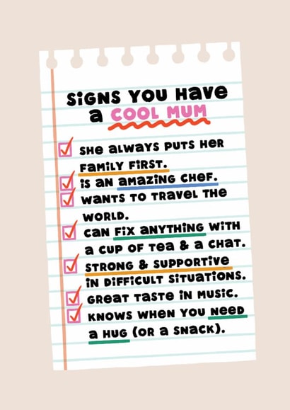 Heartfelt Mother's Day Card - Signs You Have A Cool Mum - Checklist created by Folio | Ian Owen