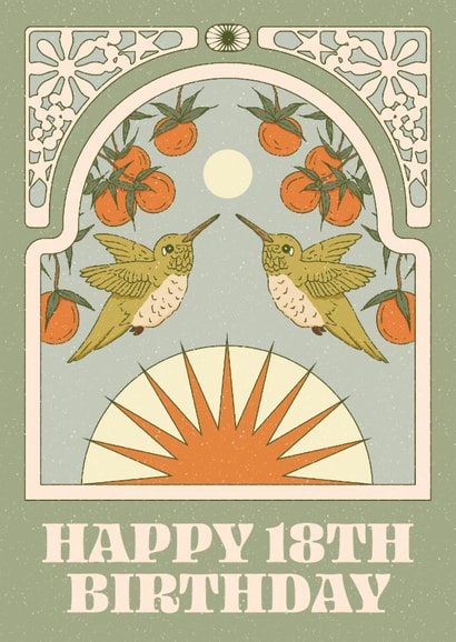 Arty 18th Birthday Card - Numbered Hummingbird - Oranges created by Lately Studio
