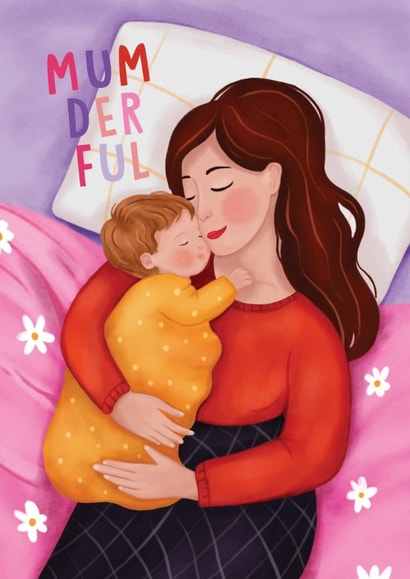 Cute Mother's Day/New Baby Card - Mumderful - Pun created by Aniet Illustration