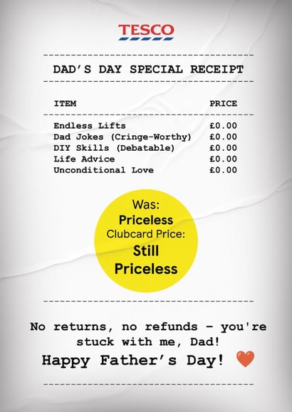 Funny Father's Day Card - Tesco Receipt Style - Clubcard Price Joke created by Heeby Jeeby's