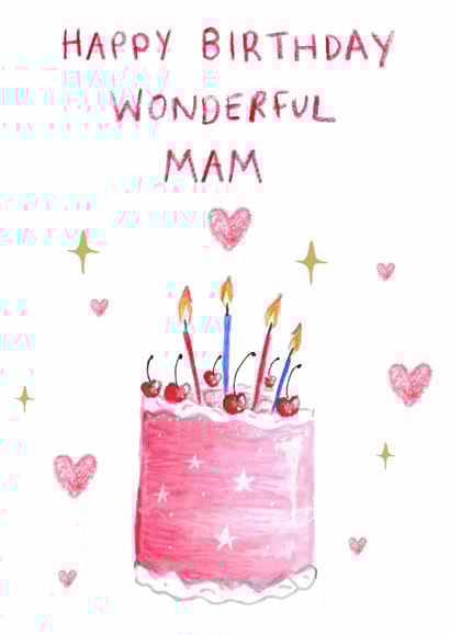 Pretty Birthday Card - Wonderful Mam - Cake created by HCD Illustration