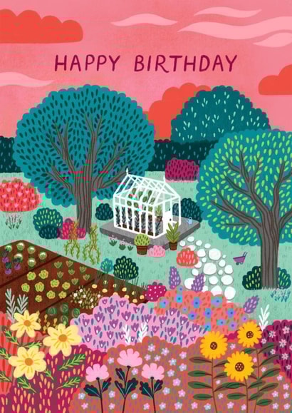 Pretty Birthday Card - Colourful Garden - Greenhouse created by Pear Tree Press