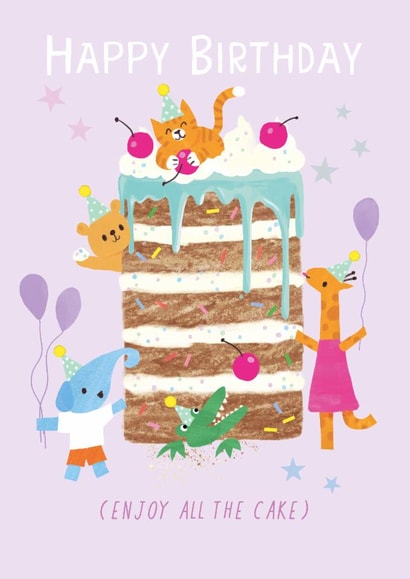 Cute Birthday Card - Enjoy All The Cake - Animals created by Holly Fox