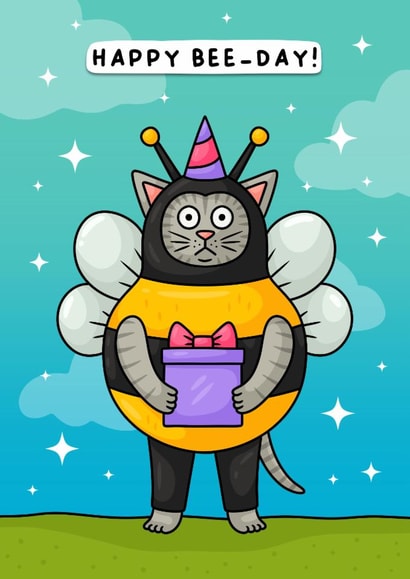Cute Birthday Card - Cat Dressed As A Bee created by Wafflemamaart